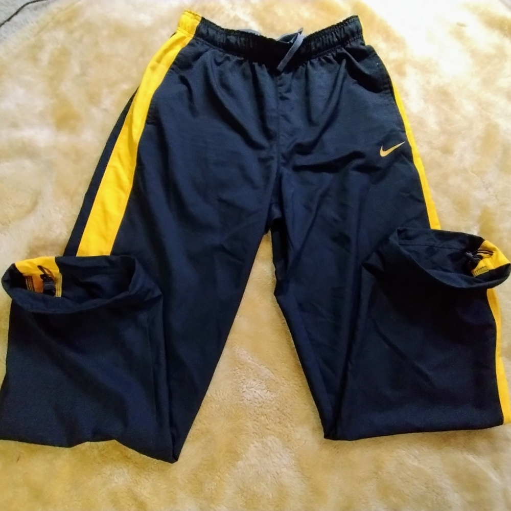 NIKE DRI-FIT Athletic Sweat Pants Navy Blue w/ Yellow Trim pockets & elastic